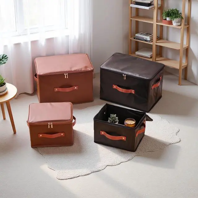 Alt view image 4 of 7 - 2PCS Storage Bins Boxes with Zipper Lid PU Leather Fabric Basket | Waterproof Lidded Cubes Foldable Washable Closet Shelf Clothes Organizer Container with Handles (Black, Small Size)