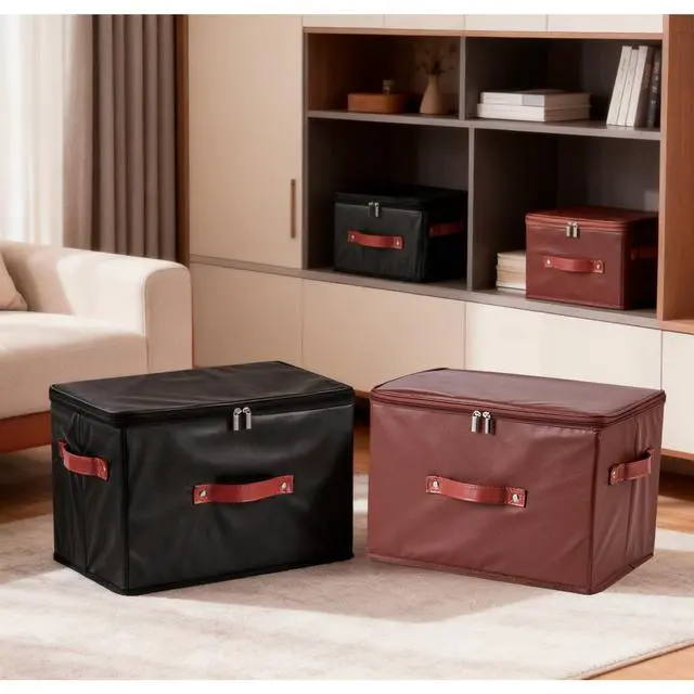 Alt view image 5 of 7 - 2PCS Storage Bins Boxes with Zipper Lid PU Leather Fabric Basket | Waterproof Lidded Cubes Foldable Washable Closet Shelf Clothes Organizer Container with Handles (Black, Small Size)