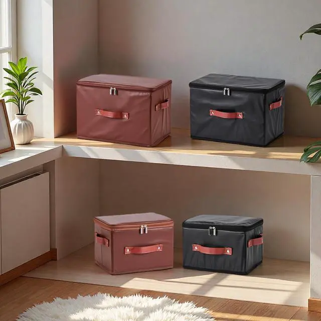 Alt view image 7 of 7 - 2PCS Storage Bins Boxes with Zipper Lid PU Leather Fabric Basket | Waterproof Lidded Cubes Foldable Washable Closet Shelf Clothes Organizer Container with Handles (Black, Small Size)