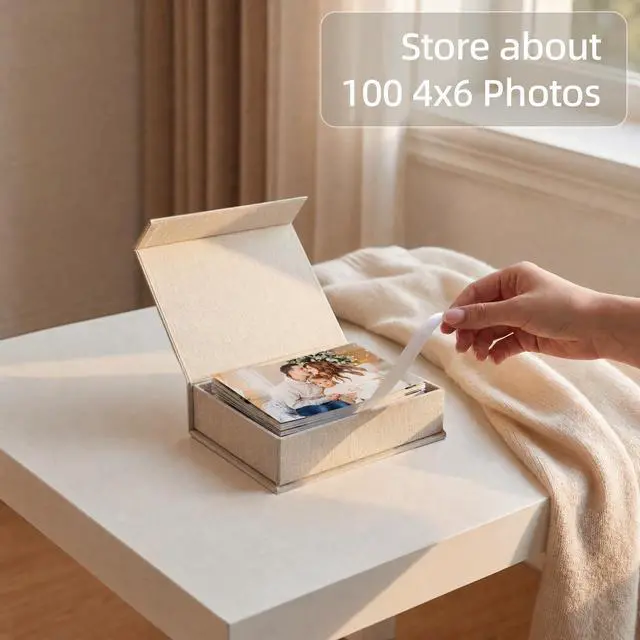 Alt view image 2 of 7 - Photo Storage Box 4x6, Linen Photo Box - Beige | Keepsakes and Jewelry, Connected Lid, for Photos, Certificates, Scrapbooking Supplies