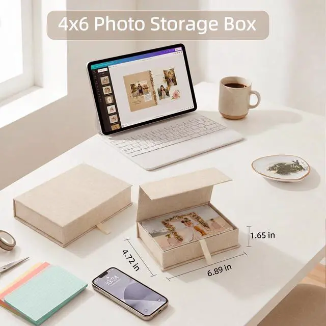 Alt view image 3 of 7 - Photo Storage Box 4x6, Linen Photo Box - Beige | Keepsakes and Jewelry, Connected Lid, for Photos, Certificates, Scrapbooking Supplies