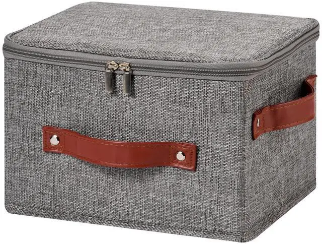 Main image of Storage Bin Box with Zippered Lid Decorative Collapsible Basket | Cotton Linen Fabric, Washable Foldable Stackable Clothes Container, Closet Shelf Organizer w/ PU Leather Handles, Gray-Small