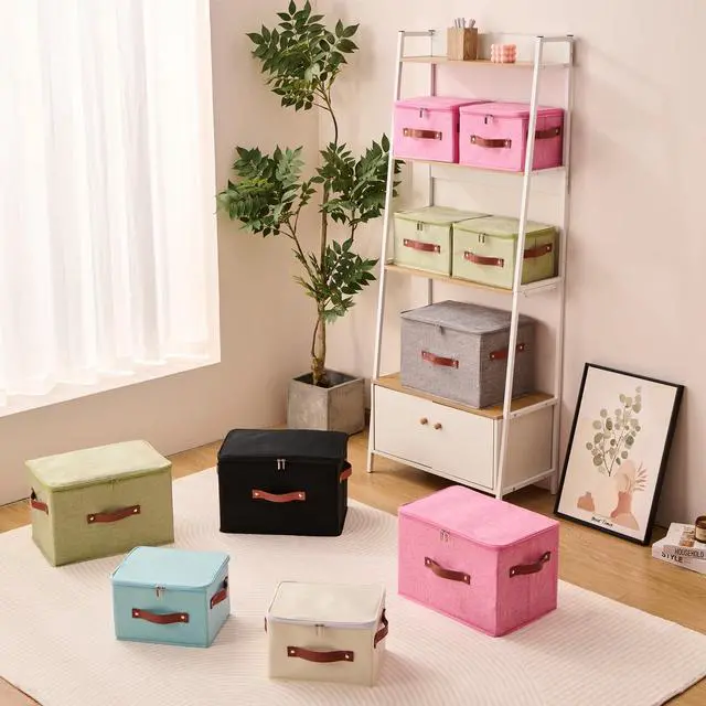 Alt view image 2 of 7 - Storage Bin Box with Zippered Lid Decorative Collapsible Basket | Cotton Linen Fabric, Washable Foldable Stackable Clothes Container, Closet Shelf Organizer w/ PU Leather Handles, Gray-Small
