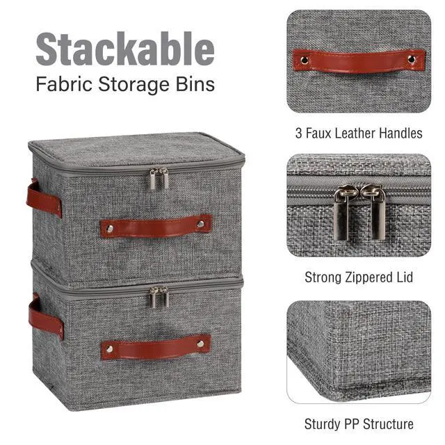 Alt view image 4 of 7 - Storage Bin Box with Zippered Lid Decorative Collapsible Basket | Cotton Linen Fabric, Washable Foldable Stackable Clothes Container, Closet Shelf Organizer w/ PU Leather Handles, Gray-Small