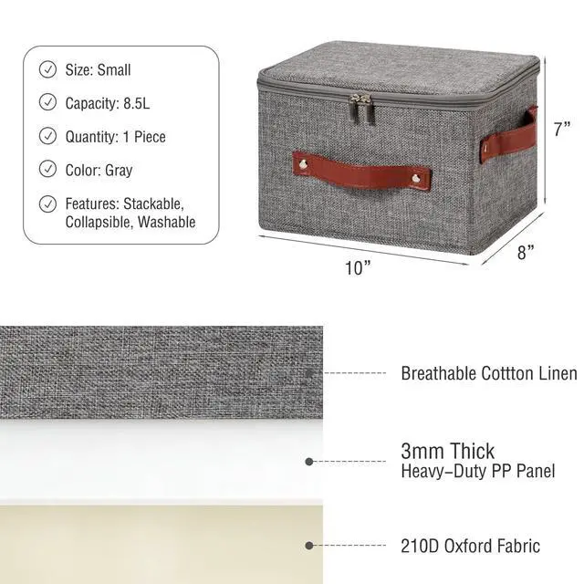 Alt view image 5 of 7 - Storage Bin Box with Zippered Lid Decorative Collapsible Basket | Cotton Linen Fabric, Washable Foldable Stackable Clothes Container, Closet Shelf Organizer w/ PU Leather Handles, Gray-Small