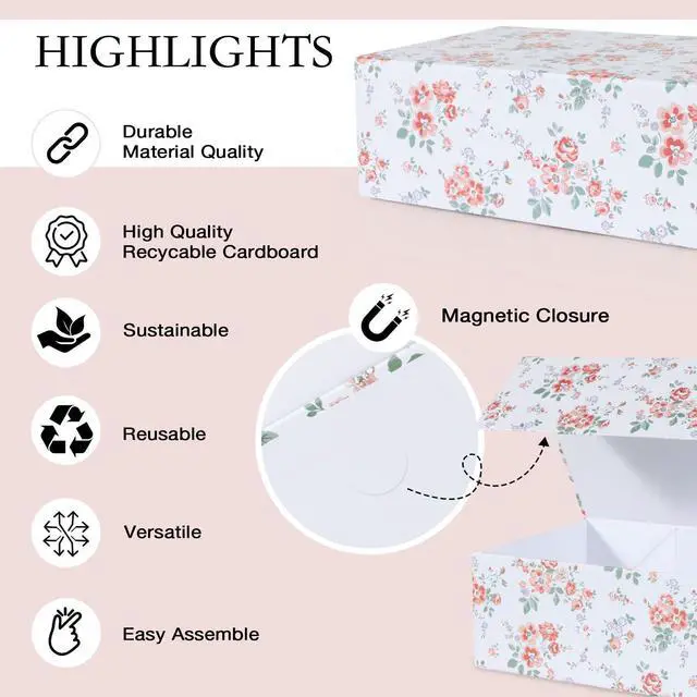 Alt view image 3 of 7 - Rose Floral Gift Box with Magnetic Lids 1 Pack | Large Bridesmaid Proposal Boxes 13.8x8.3x4.4 in, Rectangle Wedding Decorative Storage Box