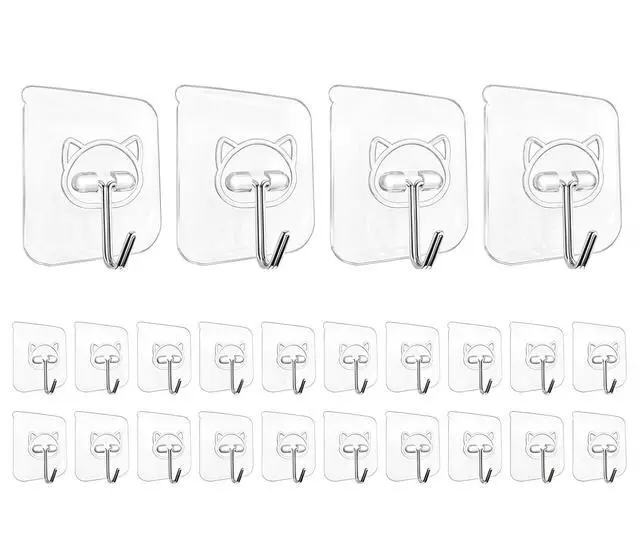 Main image of Heavy Duty Self Adhesive Hooks 24 Pack,33lb Max,304 Stainless Steel Wall Hooks Transparent,Waterproof Sticky Hangers for Keys,Bathroom, Shower, Outdoor, Kitchen,Door,Home Improvement,Utility
