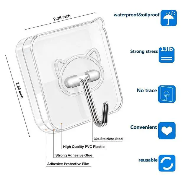Alt view image 2 of 6 - Heavy Duty Self Adhesive Hooks 24 Pack,33lb Max,304 Stainless Steel Wall Hooks Transparent,Waterproof Sticky Hangers for Keys,Bathroom, Shower, Outdoor, Kitchen,Door,Home Improvement,Utility