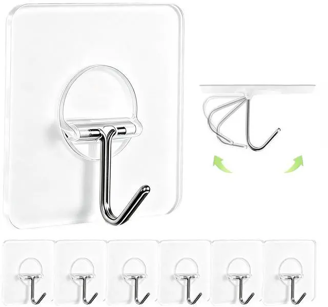 Main image of Adhesive Wall Hooks No Drill Clear Heavy Duty,13LB Sticky 8 Pack | Waterproof Transparent Sticky Hooks for Hanging,13lbs Max Load No Damage,Ideal for Towel,Coat,Bathroom,Kitchen,Home
