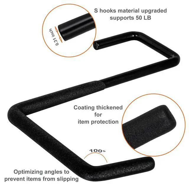 Alt view image 2 of 7 - 4 Pcs Rafter Hooks, Upgraded Fence Hangers, Heavy Duty Bike Hanger for Garage, Ladder Hook, Black Large S Hooks for Hanging Hose, Plants, Chairs, Bikes, Ladders, Cords and More