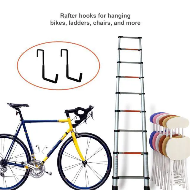 Alt view image 3 of 7 - 4 Pcs Rafter Hooks, Upgraded Fence Hangers, Heavy Duty Bike Hanger for Garage, Ladder Hook, Black Large S Hooks for Hanging Hose, Plants, Chairs, Bikes, Ladders, Cords and More