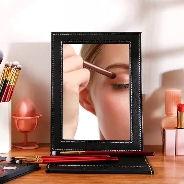 Alt view image 4 of 7 - Folding Mirror Portable Travel PU Portable Adjustable Rectangular Ultrathin Vanity Mirror with Stand, for Travel, Camping,Home | Adjustable Rectangular Ultrathin Vanity Mirror with Stand