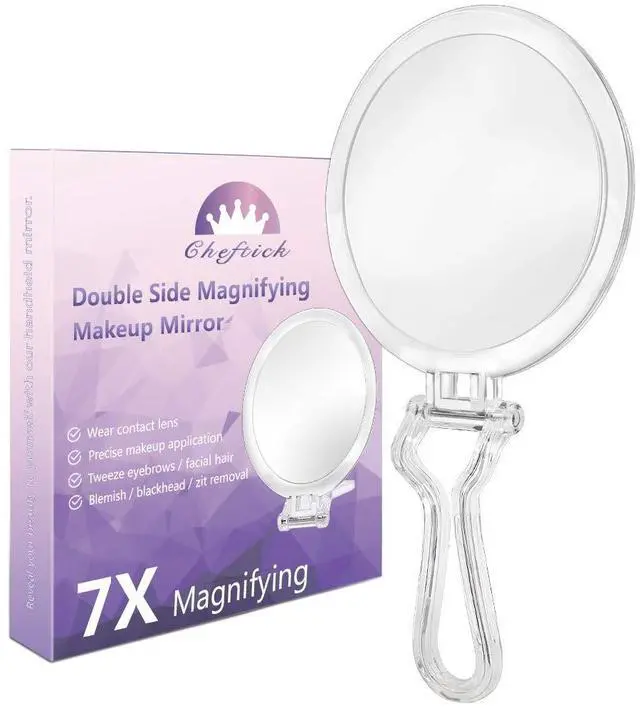 Main image of Double Sided Hand Held Makeup Mirror, Adjustable Folding Handle | 1X & 7X Magnifying, Distortion-free & HD, Portable, Transparent & Round (6") Handheld Mirror for Women & Men, Makeup, Shaving