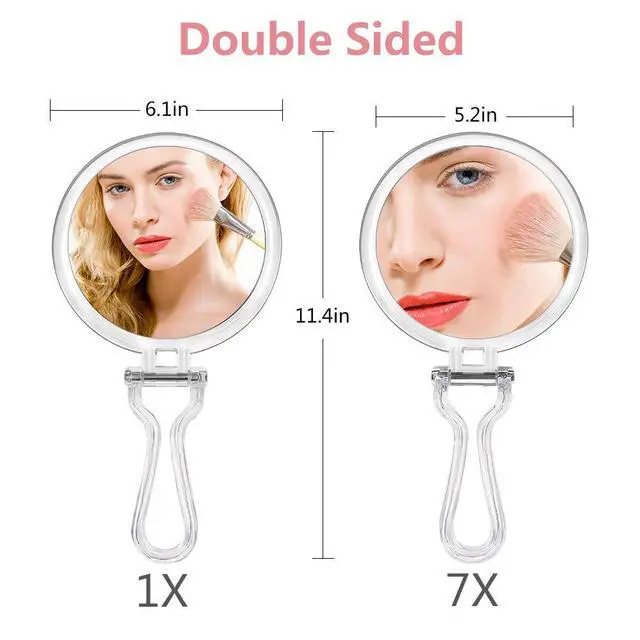 Alt view image 3 of 7 - Double Sided Hand Held Makeup Mirror, Adjustable Folding Handle | 1X & 7X Magnifying, Distortion-free & HD, Portable, Transparent & Round (6") Handheld Mirror for Women & Men, Makeup, Shaving