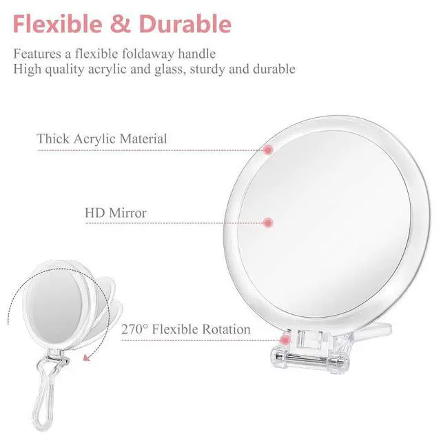 Alt view image 4 of 7 - Double Sided Hand Held Makeup Mirror, Adjustable Folding Handle | 1X & 7X Magnifying, Distortion-free & HD, Portable, Transparent & Round (6") Handheld Mirror for Women & Men, Makeup, Shaving