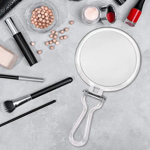 Alt view image 7 of 7 - Double Sided Hand Held Makeup Mirror, Adjustable Folding Handle | 1X & 7X Magnifying, Distortion-free & HD, Portable, Transparent & Round (6") Handheld Mirror for Women & Men, Makeup, Shaving
