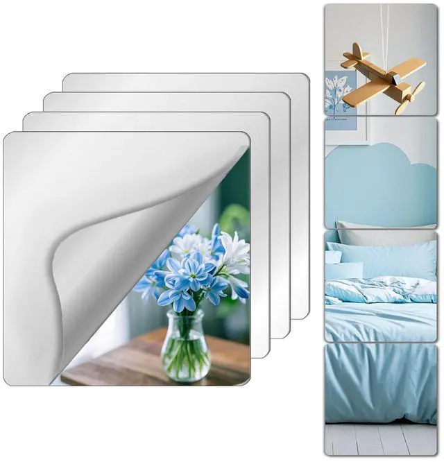 Main image of Unbreakable Mirror Tiles, 4PCS 10x10 Peel And Stick on Mirror for Wall Mirrors Decorative, Toddlers for Kids Bedroom, Plastic Gym Frameless Door Small Adhesive Mirrors for Classroom Decor Stickers