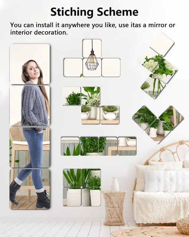 Alt view image 2 of 7 - Unbreakable Mirror Tiles, 4PCS 10x10 Peel And Stick on Mirror for Wall Mirrors Decorative, Toddlers for Kids Bedroom, Plastic Gym Frameless Door Small Adhesive Mirrors for Classroom Decor Stickers