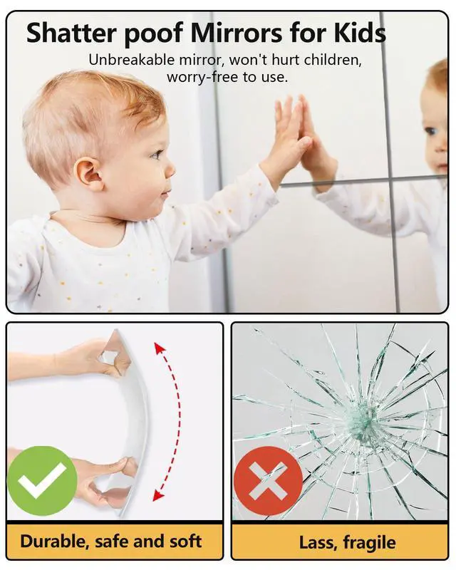 Alt view image 3 of 7 - Unbreakable Mirror Tiles, 4PCS 10x10 Peel And Stick on Mirror for Wall Mirrors Decorative, Toddlers for Kids Bedroom, Plastic Gym Frameless Door Small Adhesive Mirrors for Classroom Decor Stickers