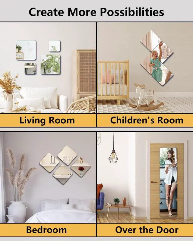 Alt view image 4 of 7 - Unbreakable Mirror Tiles, 4PCS 10x10 Peel And Stick on Mirror for Wall Mirrors Decorative, Toddlers for Kids Bedroom, Plastic Gym Frameless Door Small Adhesive Mirrors for Classroom Decor Stickers