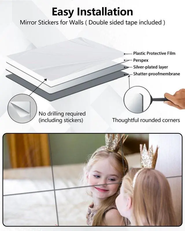 Alt view image 6 of 7 - Unbreakable Mirror Tiles, 4PCS 10x10 Peel And Stick on Mirror for Wall Mirrors Decorative, Toddlers for Kids Bedroom, Plastic Gym Frameless Door Small Adhesive Mirrors for Classroom Decor Stickers