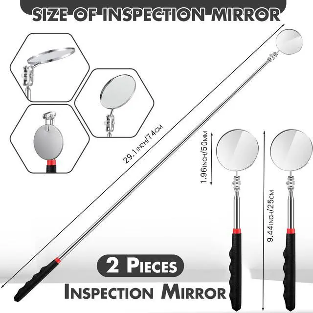 Alt view image 2 of 6 - 2 Pcs Telescoping Inspection Mirror Mechanics Mirror,50mm,Black | Round Extendable Handle for Technicians, HVAC Hard-to-reach Areas, Adjustable Angle Joint, Contractor Observation