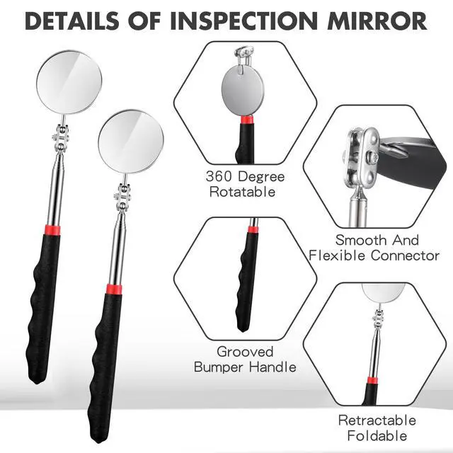 Alt view image 3 of 6 - 2 Pcs Telescoping Inspection Mirror Mechanics Mirror,50mm,Black | Round Extendable Handle for Technicians, HVAC Hard-to-reach Areas, Adjustable Angle Joint, Contractor Observation