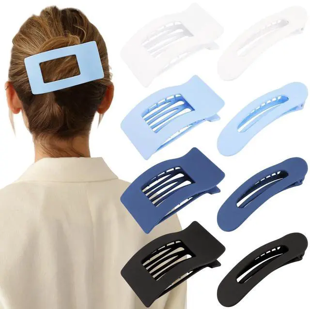 Main image of Flat Hair Clips for Women Girls, 2 Styles 8 Pcs Lay Flat Claw Clips, Strong Hold French Duck Billed Large Side Hair Jaw Clip for All Hair Types, Fashion Trendy Hair Accessories Blue