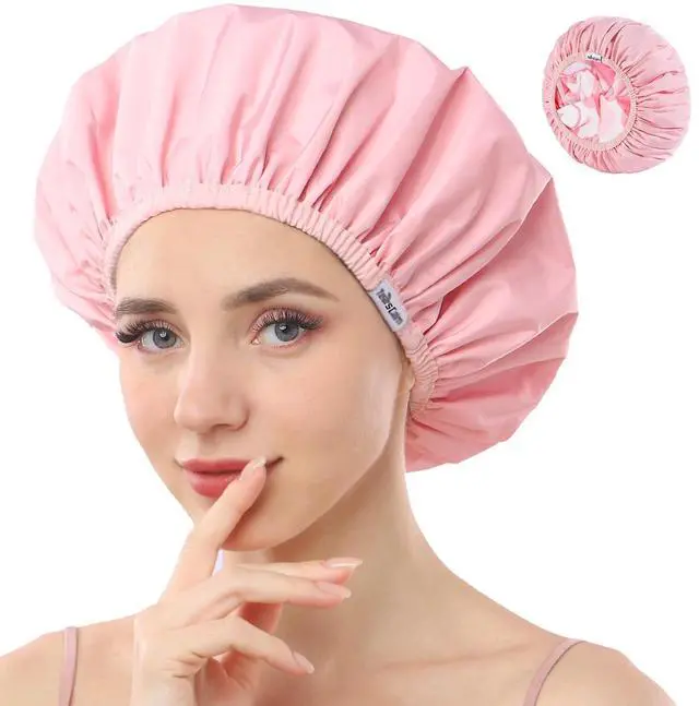 Main image of Shower Caps for Women Reusable Waterproof Double Layer Hair Cap | Both Sides Usable, Reversible Pattern & Solid Color Design, Soft Elastic Keeps Hair Dry for shower Spa Travel