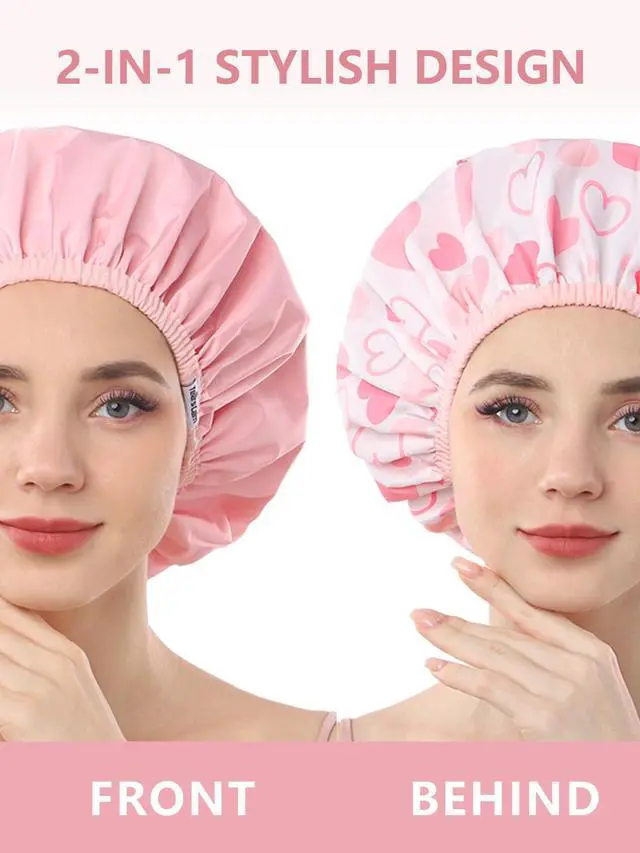 Alt view image 2 of 7 - Shower Caps for Women Reusable Waterproof Double Layer Hair Cap | Both Sides Usable, Reversible Pattern & Solid Color Design, Soft Elastic Keeps Hair Dry for shower Spa Travel