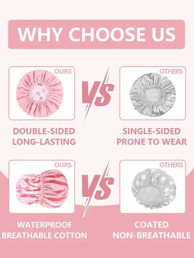 Alt view image 4 of 7 - Shower Caps for Women Reusable Waterproof Double Layer Hair Cap | Both Sides Usable, Reversible Pattern & Solid Color Design, Soft Elastic Keeps Hair Dry for shower Spa Travel
