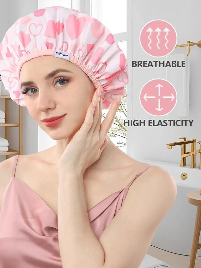 Alt view image 6 of 7 - Shower Caps for Women Reusable Waterproof Double Layer Hair Cap | Both Sides Usable, Reversible Pattern & Solid Color Design, Soft Elastic Keeps Hair Dry for shower Spa Travel