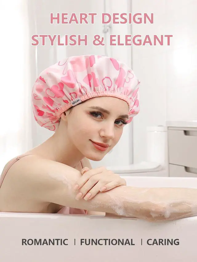 Alt view image 5 of 7 - Shower Caps for Women Reusable Waterproof Double Layer Hair Cap | Both Sides Usable, Reversible Pattern & Solid Color Design, Soft Elastic Keeps Hair Dry for shower Spa Travel