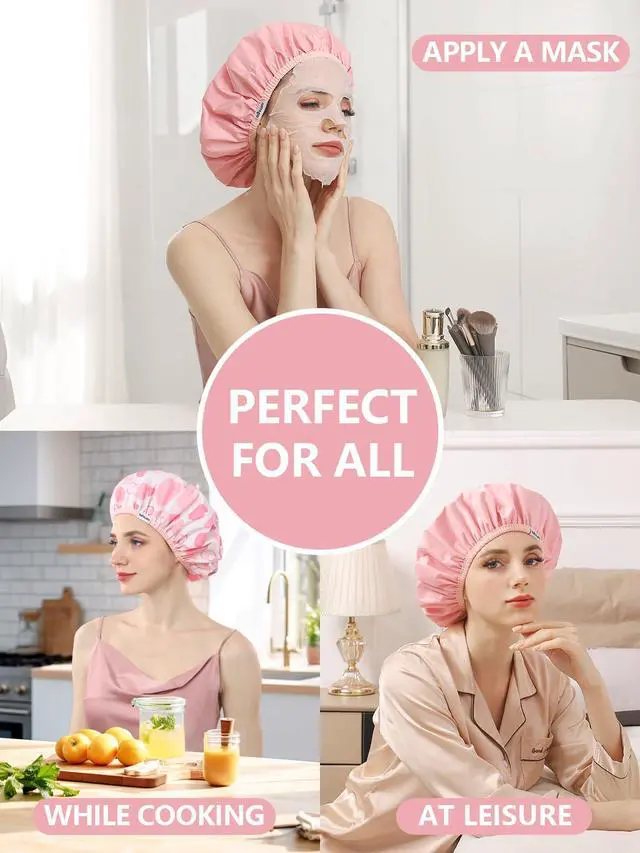 Alt view image 7 of 7 - Shower Caps for Women Reusable Waterproof Double Layer Hair Cap | Both Sides Usable, Reversible Pattern & Solid Color Design, Soft Elastic Keeps Hair Dry for shower Spa Travel