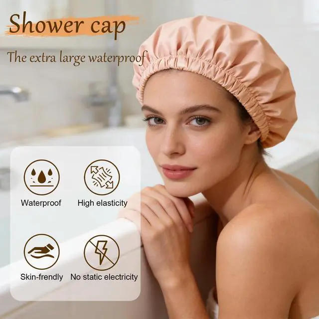 Alt view image 2 of 7 - Shower Cap for Women, Reusable Waterproof Satin Lined Shower Cap | Large Shower Cap for Women, Satin Lined Bath Caps with Soft Elastic Band, Washable Reusable Waterproof Shower Bonnet