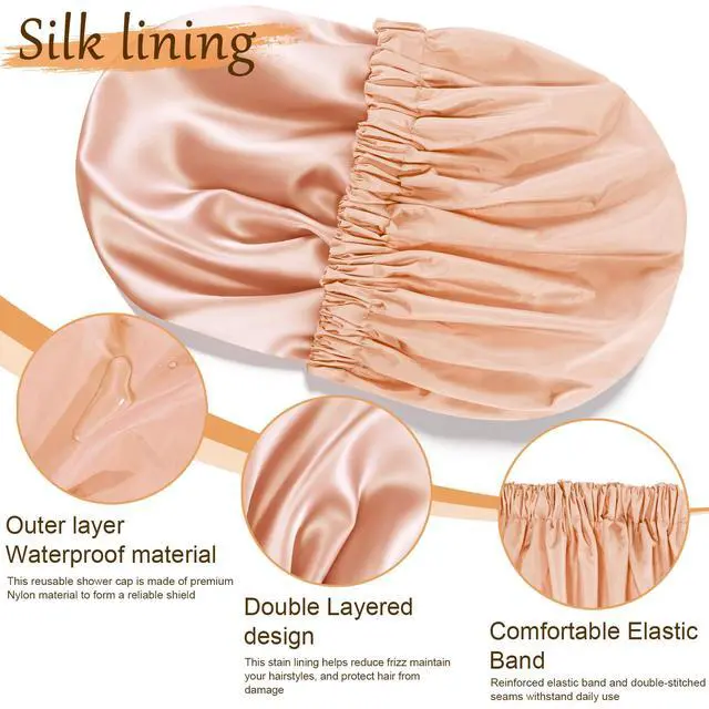 Alt view image 3 of 7 - Shower Cap for Women, Reusable Waterproof Satin Lined Shower Cap | Large Shower Cap for Women, Satin Lined Bath Caps with Soft Elastic Band, Washable Reusable Waterproof Shower Bonnet