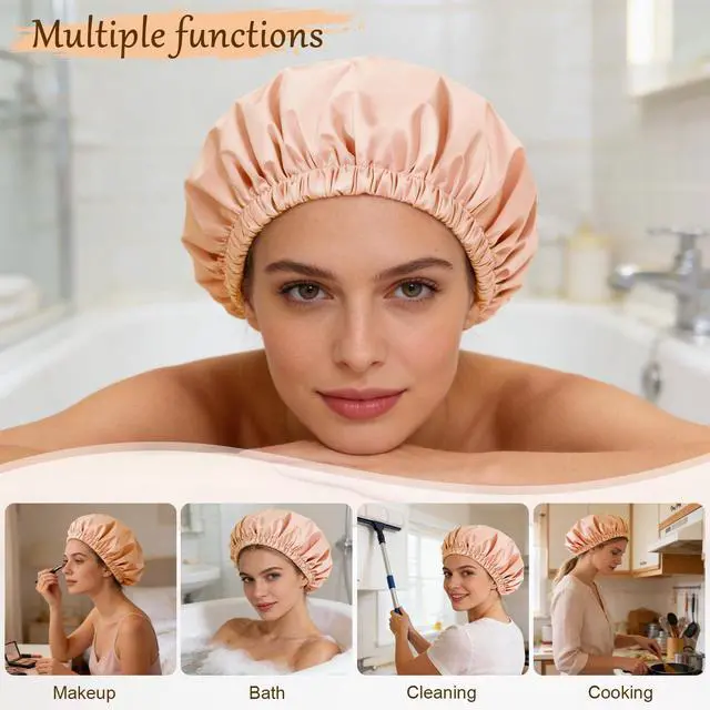 Alt view image 4 of 7 - Shower Cap for Women, Reusable Waterproof Satin Lined Shower Cap | Large Shower Cap for Women, Satin Lined Bath Caps with Soft Elastic Band, Washable Reusable Waterproof Shower Bonnet
