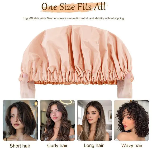 Alt view image 5 of 7 - Shower Cap for Women, Reusable Waterproof Satin Lined Shower Cap | Large Shower Cap for Women, Satin Lined Bath Caps with Soft Elastic Band, Washable Reusable Waterproof Shower Bonnet