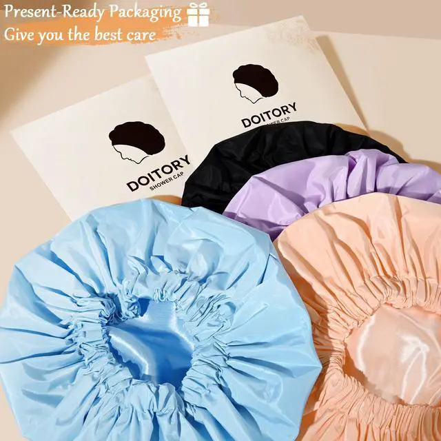 Alt view image 7 of 7 - Shower Cap for Women, Reusable Waterproof Satin Lined Shower Cap | Large Shower Cap for Women, Satin Lined Bath Caps with Soft Elastic Band, Washable Reusable Waterproof Shower Bonnet