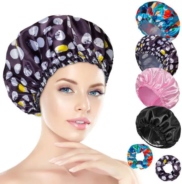 Main image of Shower Cap for Women Set of 4, Reusable Bath Caps + 2 Satin Hair Scrunchies | Double Layers, Waterproof Hair Caps, for Bath Accessories, Spa, Travel Home - Pattern A