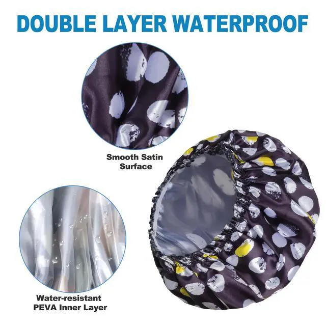 Alt view image 2 of 5 - Shower Cap for Women Set of 4, Reusable Bath Caps + 2 Satin Hair Scrunchies | Double Layers, Waterproof Hair Caps, for Bath Accessories, Spa, Travel Home - Pattern A