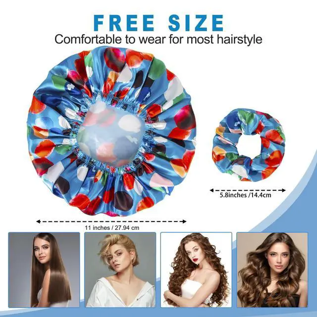 Alt view image 3 of 5 - Shower Cap for Women Set of 4, Reusable Bath Caps + 2 Satin Hair Scrunchies | Double Layers, Waterproof Hair Caps, for Bath Accessories, Spa, Travel Home - Pattern A