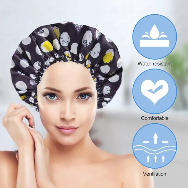 Alt view image 4 of 5 - Shower Cap for Women Set of 4, Reusable Bath Caps + 2 Satin Hair Scrunchies | Double Layers, Waterproof Hair Caps, for Bath Accessories, Spa, Travel Home - Pattern A
