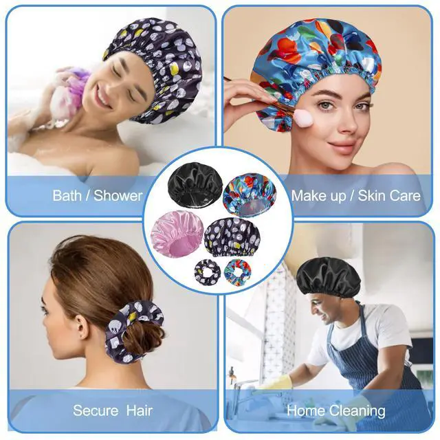 Alt view image 5 of 5 - Shower Cap for Women Set of 4, Reusable Bath Caps + 2 Satin Hair Scrunchies | Double Layers, Waterproof Hair Caps, for Bath Accessories, Spa, Travel Home - Pattern A