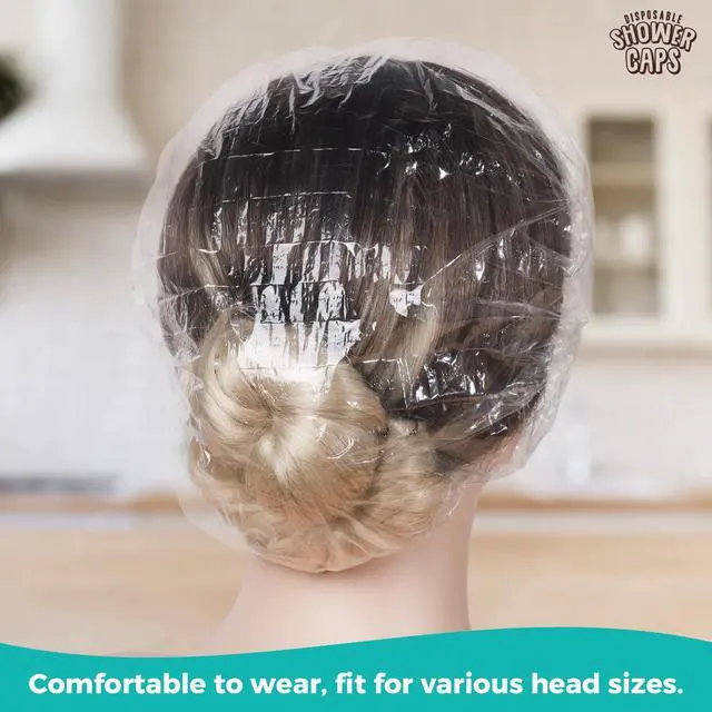 Alt view image 7 of 7 - 100PCS Disposable Shower Caps, Shower Caps for Women Disposable, Clear Plastic Shower Cap, Plastic Hair Caps for Hair Treatment, Regular Size 17.3 INCH