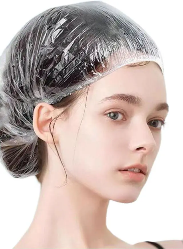 Main image of 100 PCS Disposable Shower Caps Plastic Clear Hair Cap Elastic Waterproof Hair Bath Caps Thick Shower Cap for Women Hotel Hair Salon Travel Spa Home Use Beauty Salon Accessories Cleaning Supplies 20.5"