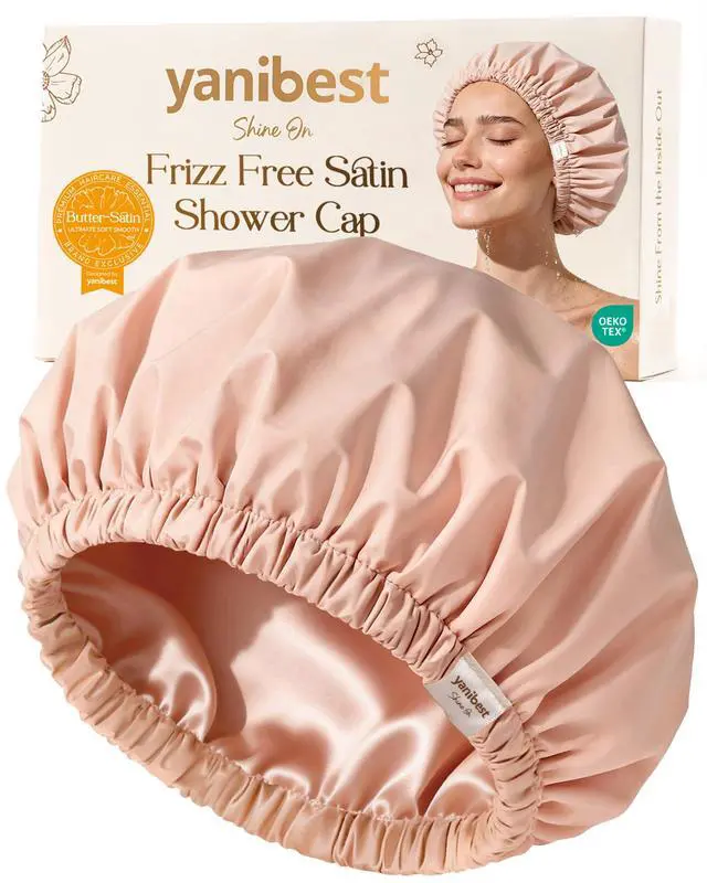 Main image of Satin Lined Shower Cap, Shower Caps for Women Reusable Waterproof | Frizz Free & Large Durable Bath Cap with Soft Elastic Band, Luxury Hair Protection Caps, Nylon Shower Hair Cap
