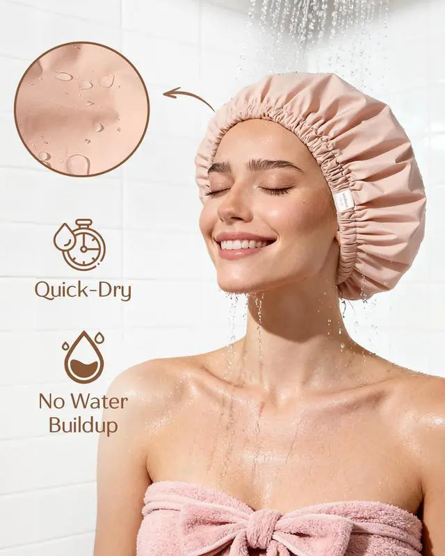 Alt view image 2 of 7 - Satin Lined Shower Cap, Shower Caps for Women Reusable Waterproof | Frizz Free & Large Durable Bath Cap with Soft Elastic Band, Luxury Hair Protection Caps, Nylon Shower Hair Cap