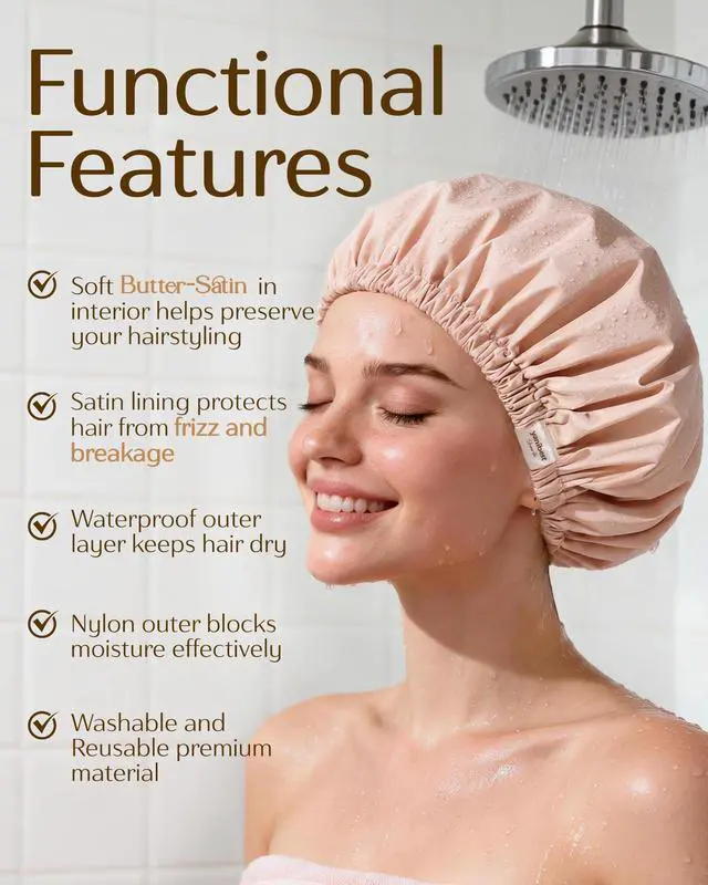 Alt view image 4 of 7 - Satin Lined Shower Cap, Shower Caps for Women Reusable Waterproof | Frizz Free & Large Durable Bath Cap with Soft Elastic Band, Luxury Hair Protection Caps, Nylon Shower Hair Cap