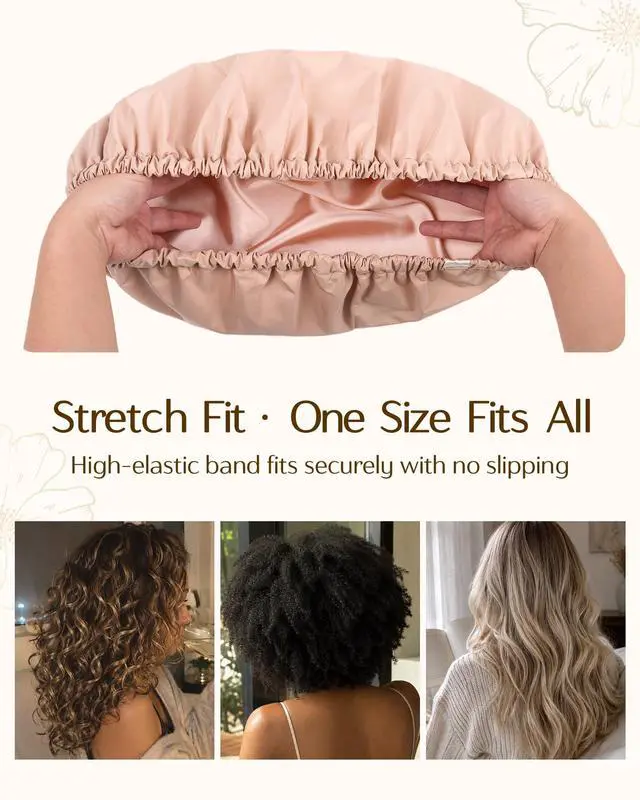 Alt view image 5 of 7 - Satin Lined Shower Cap, Shower Caps for Women Reusable Waterproof | Frizz Free & Large Durable Bath Cap with Soft Elastic Band, Luxury Hair Protection Caps, Nylon Shower Hair Cap